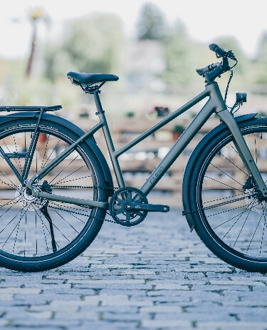Grünes Citybike mit Schutzblechen und Heckgepäckträger steht im Freien auf einer gepflasterten Fläche.
