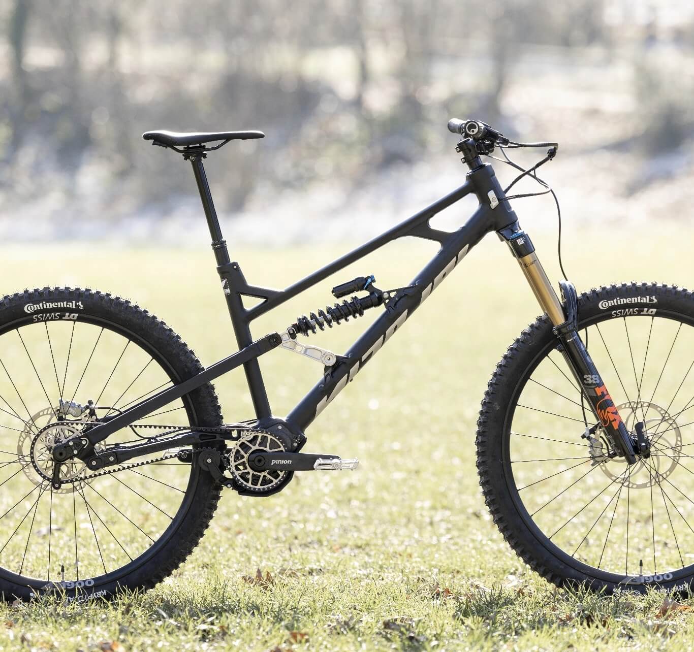 Vollgefedertes schwarzes Mountainbike mit breiten Geländereifen, das draußen auf einer Wiese steht.
