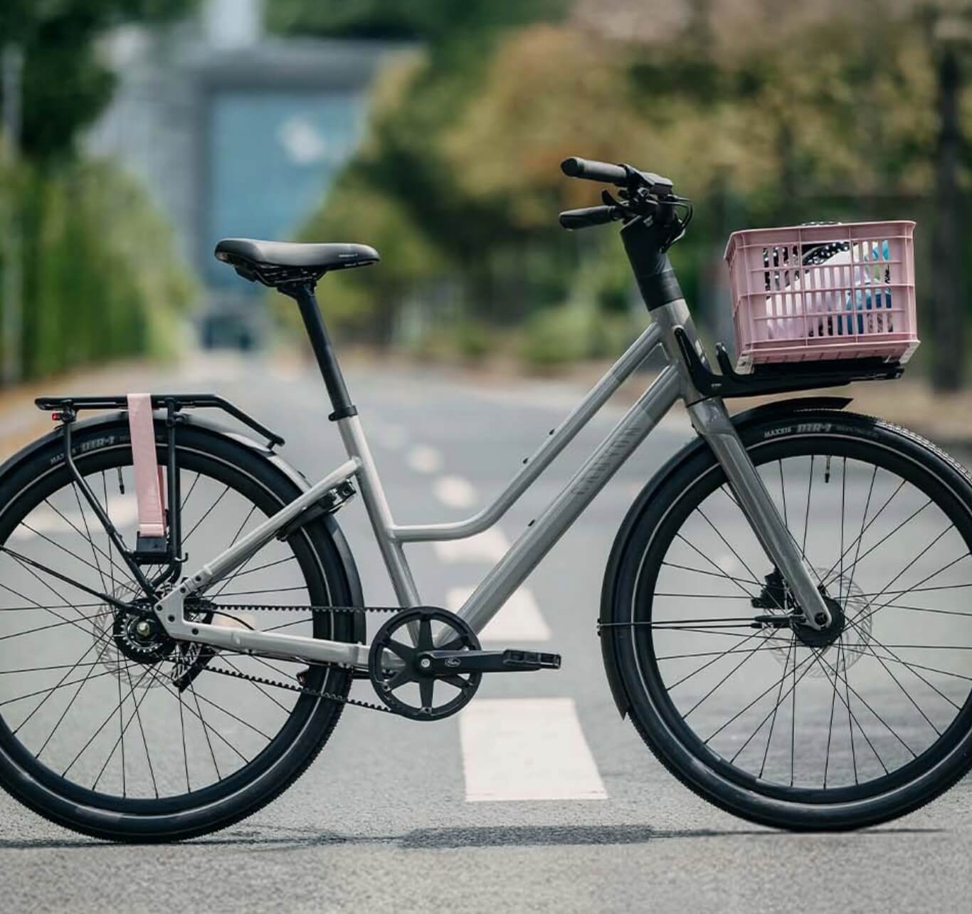 Grau­es Citybike mit tiefem Einstieg steht auf einer leeren Straße.