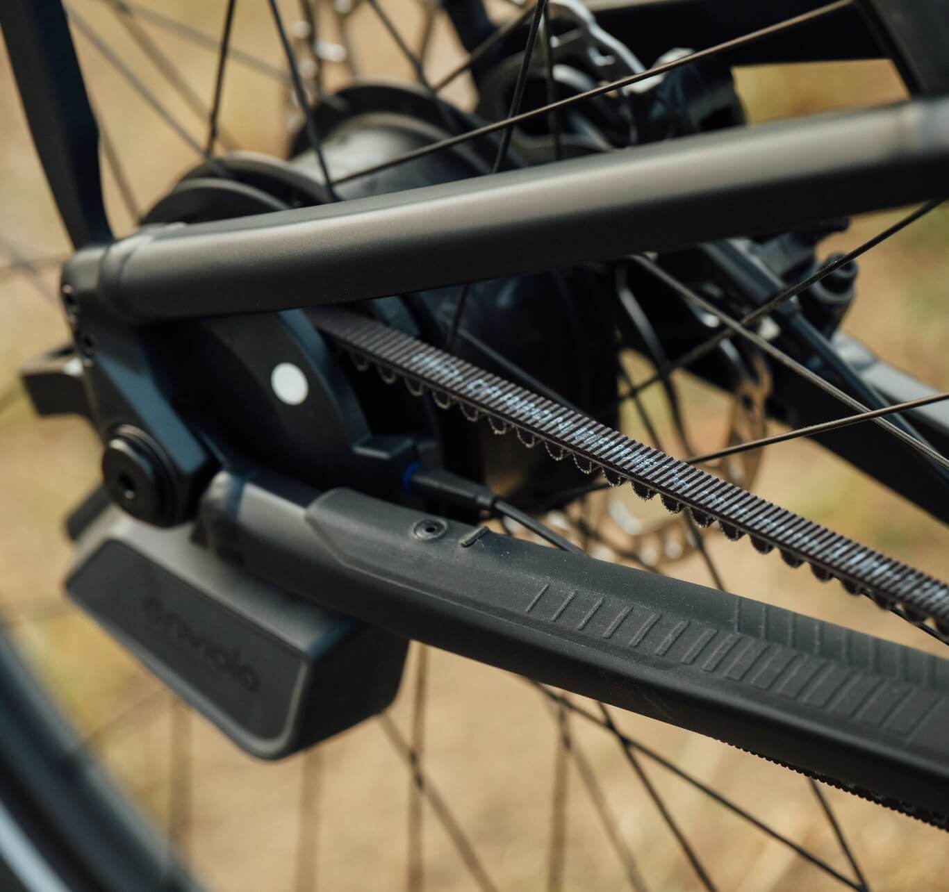 Nahaufnahme des hinteren Fahrradrads mit sichtbarem Riemenantrieb und Motoreinheit.