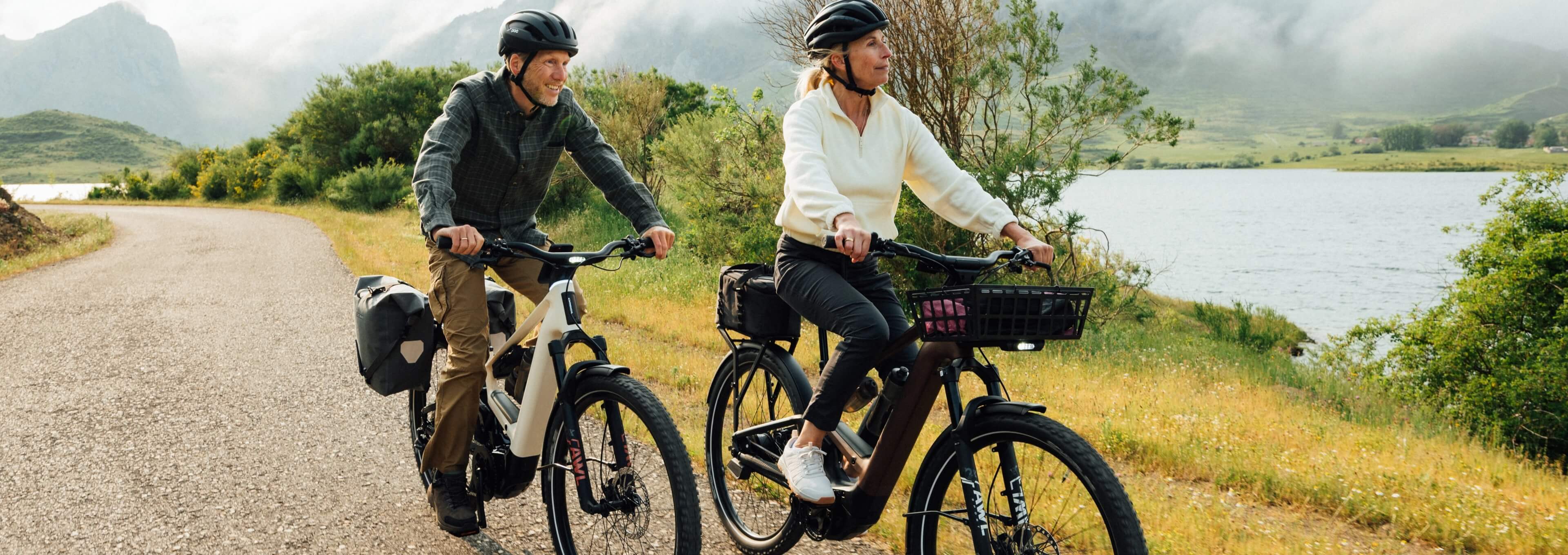 Zwei Personen mit Helmen fahren auf E-Bikes eine Landstraße am See entlang, im Hintergrund sind Berge zu sehen.